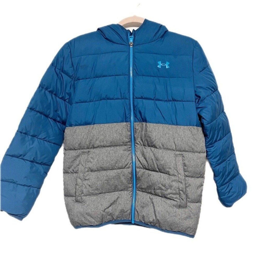 Under Armour Boys Cold Gear Colorblock Puffer Coat Size Youth L Blue Gray Winter